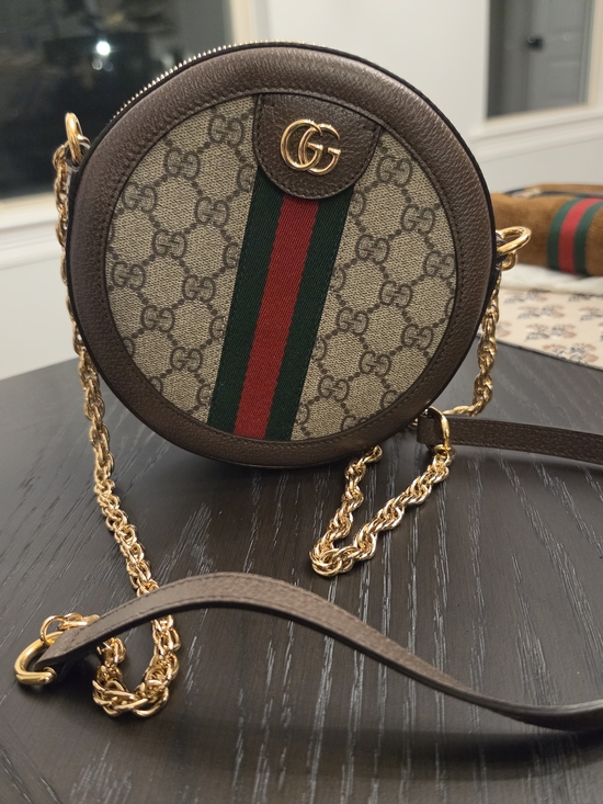 Gucci Handbags - Gucci Brown GG Supreme Round Crossbody with Red & Green Web Stripe